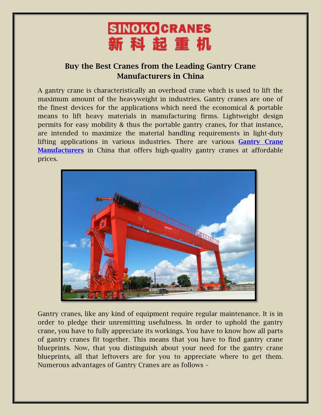 buy the best cranes from the leading gantry crane