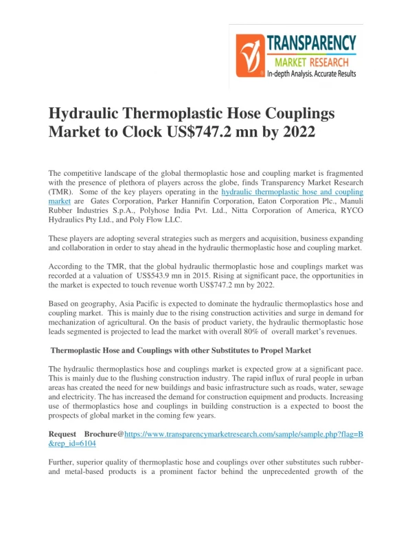 Hydraulic Thermoplastic Hose Couplings Market to Clock US$747.2 mn by 2022