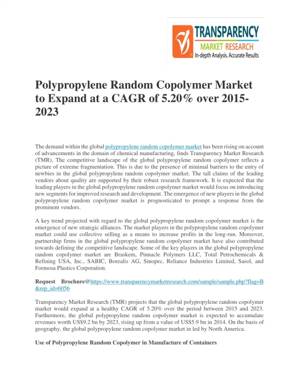 Polypropylene Random Copolymer Market to Expand at a CAGR of 5.20% over 2015-2023