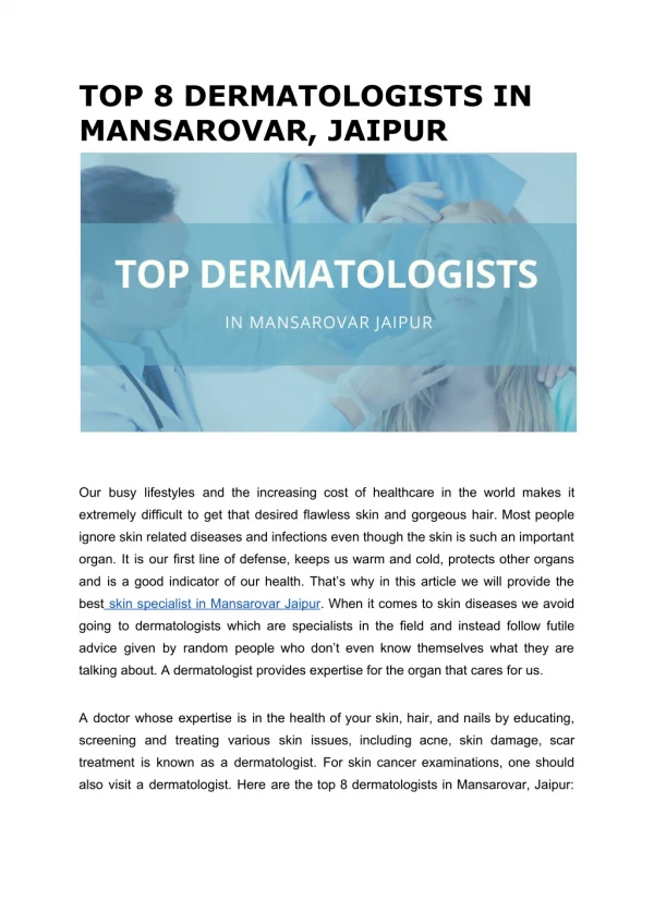 TOP 8 DERMATOLOGISTS IN MANSAROVAR, JAIPUR