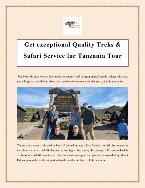 Get exceptional Quality Treks & Safari Service for Tanzania Tour