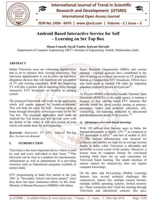 Android Based Interactive Service for Self - Learning on Set Top Box