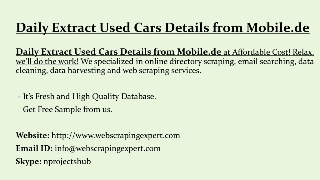 daily extract used cars details from mobile de