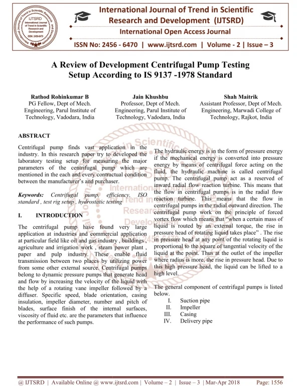 A Review of Development Centrifugal Pump Testing Setup According to IS 9137 1978 Standard