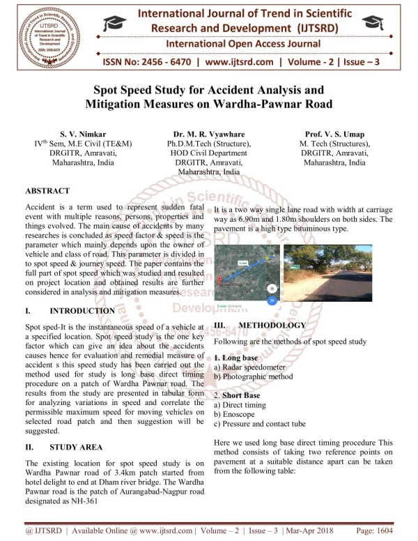Spot Speed Study for Accident Analysis and Mitigation Measures on Wardha Pawnar Road