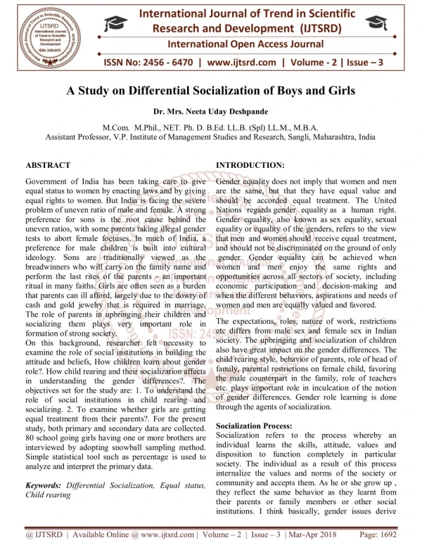 A Study on Differential Socialization of Boys and Girls