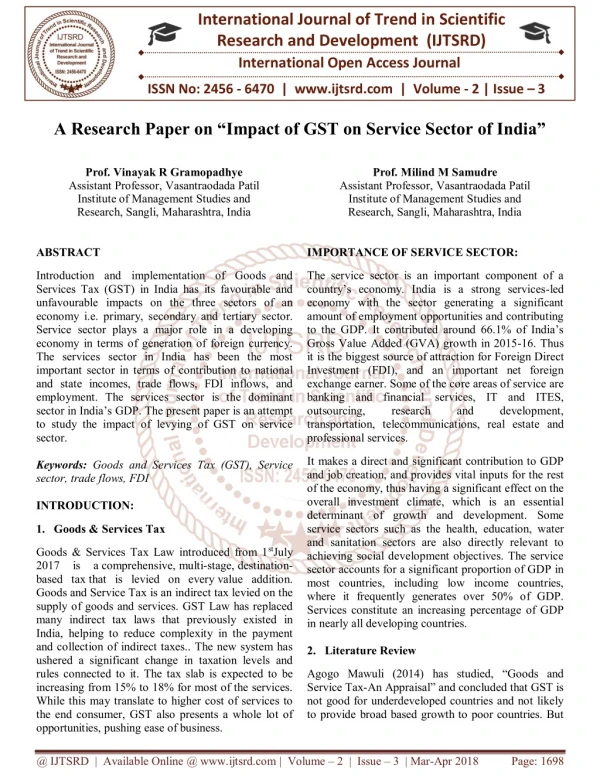 A Research Paper on "Impact of GST on Service Sector of India"