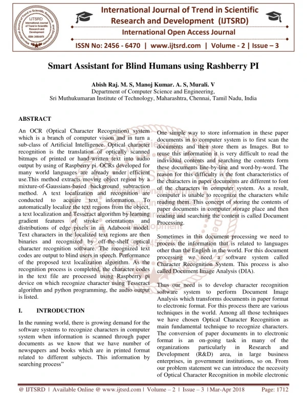 Smart Assistant for Blind Humans using Rashberry PI
