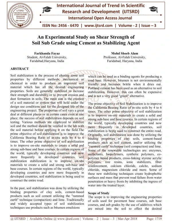 An Experimental Study on Shear Strength of Soil Sub Grade using Cement as Stabilizing Agent