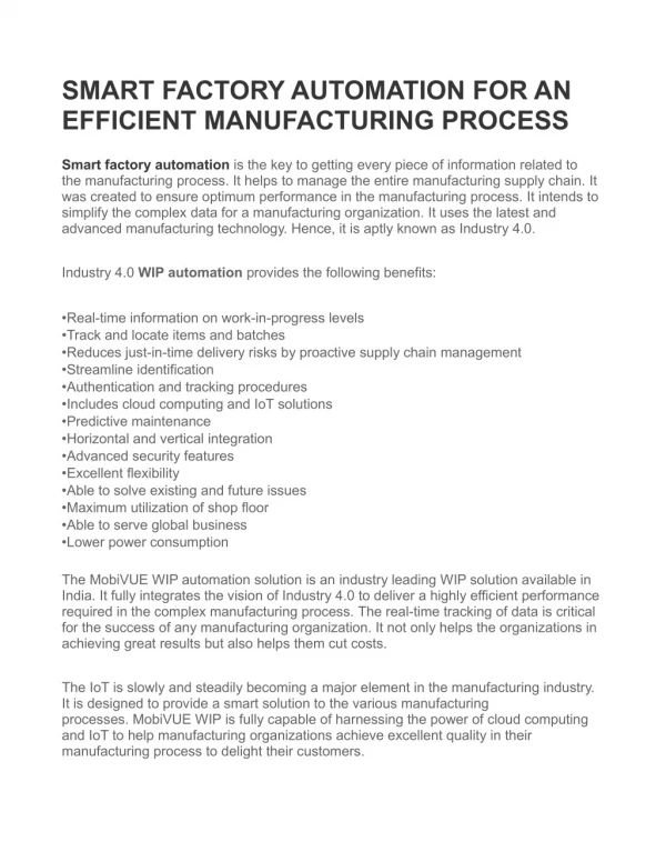 SMART FACTORY AUTOMATION FOR AN EFFICIENT MANUFACTURING PROCESS