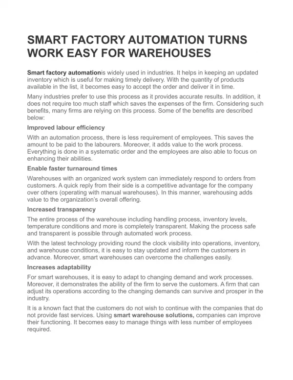 SMART FACTORY AUTOMATION TURNS WORK EASY FOR WAREHOUSES
