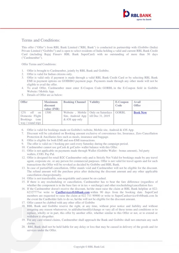 Goibibo Offer Terms and Conditions | RBL Bank