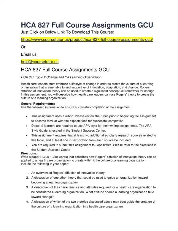 HCA 827 Full Course Assignments GCU