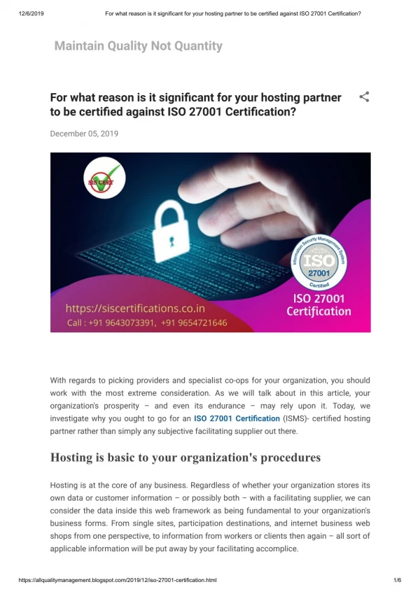 For what reason is it significant for your hosting partner to be certified against ISO 27001 Certification?