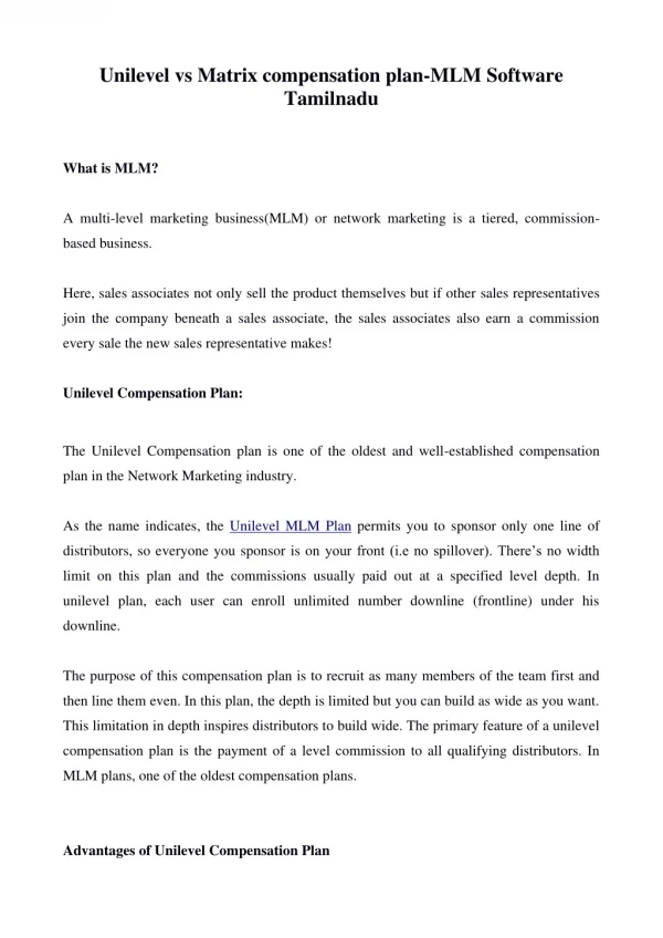 Unilevel vs Matrix compensation plan-mlm software tamilnadu