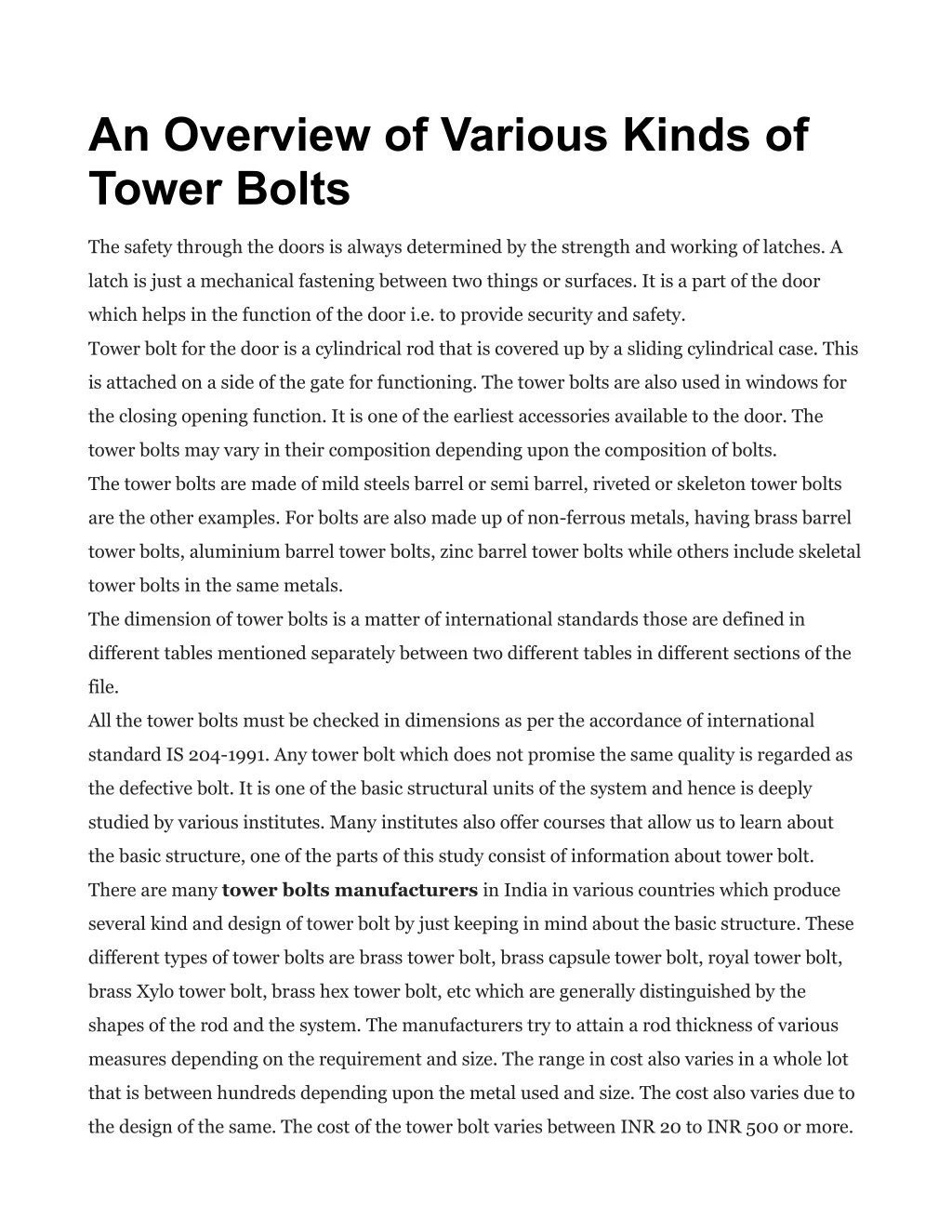 an overview of various kinds of tower bolts