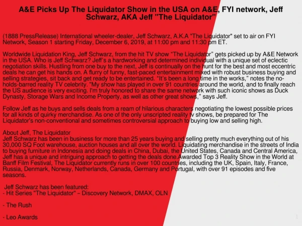 A&E Picks Up The Liquidator Show in the USA on A&E, FYI network, Jeff Schwarz, AKA Jeff "The Liquidator"