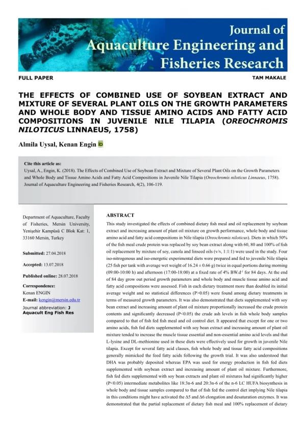 The effects of combined use of soybean extract and mixture of several plant oils in juvenile nile tilapia