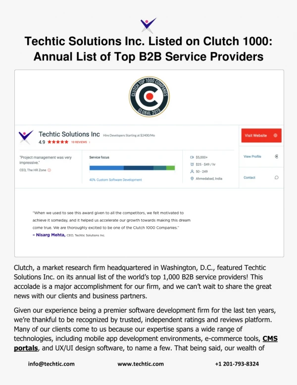 Techtic Solutions Inc. Listed on Clutch 1000: Annual List of Top B2B Service Providers