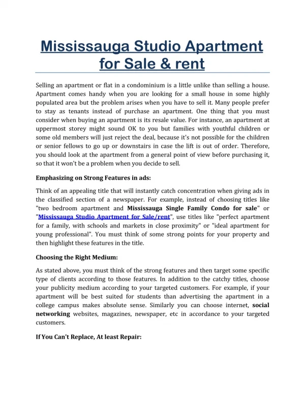 Mississauga Studio Apartment for Sale/Rent