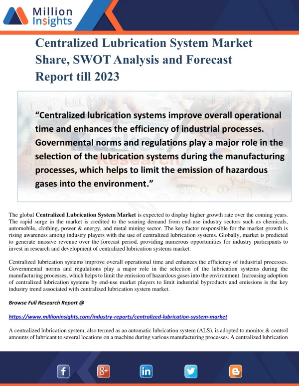 centralized lubrication system market share swot