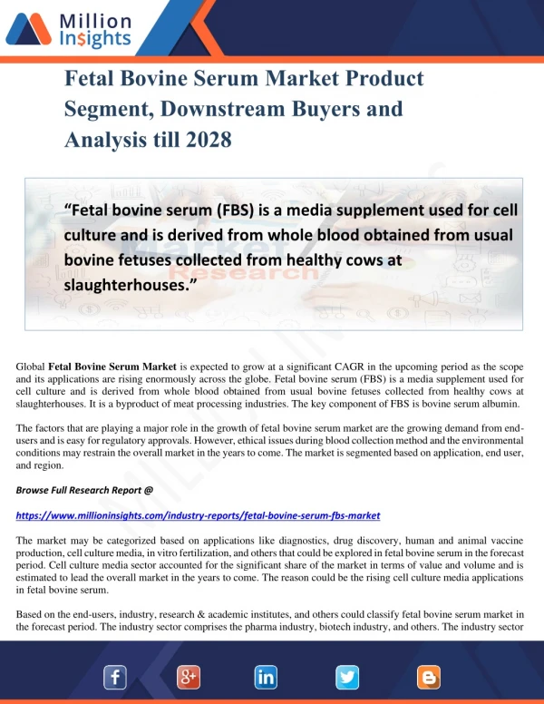 Fetal Bovine Serum Market Product Segment, Downstream Buyers and Analysis till 2028