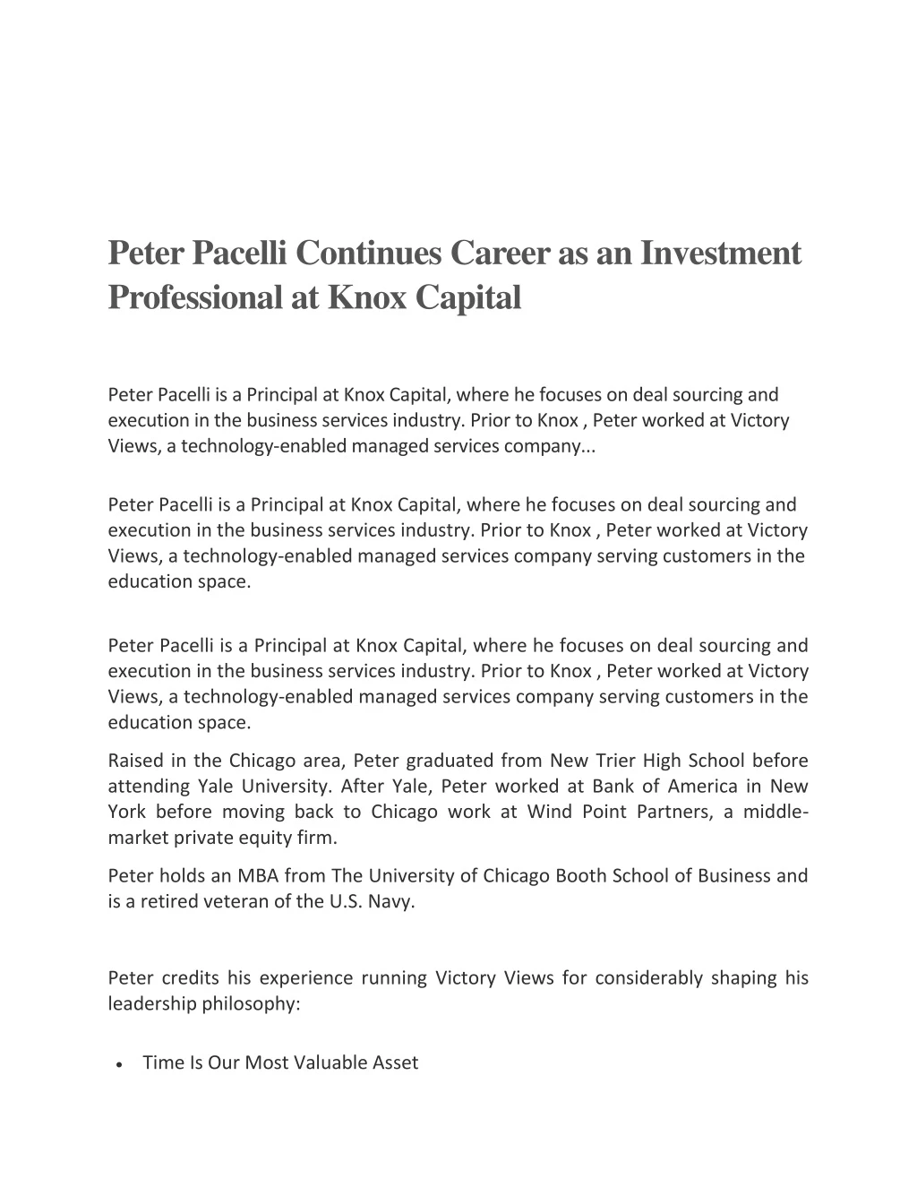 peter pacelli continues career as an investment