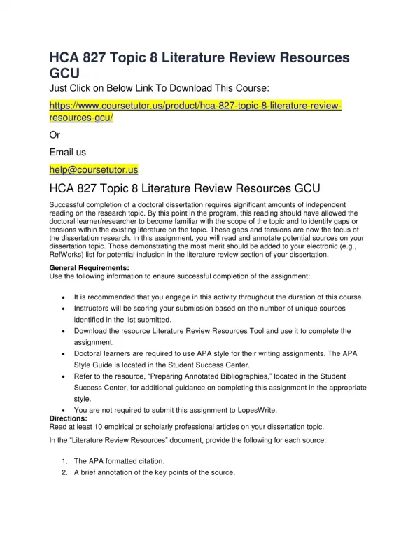 HCA 827 Topic 8 Literature Review Resources GCU