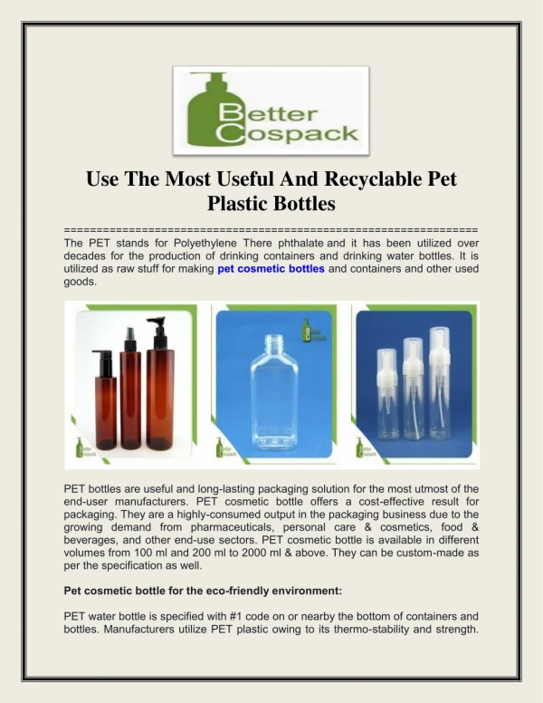 Use The Most Useful And Recyclable Pet Plastic Bottles