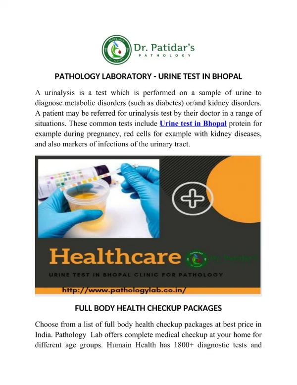 Pathology Laboratory - Urine Test In Bhopal