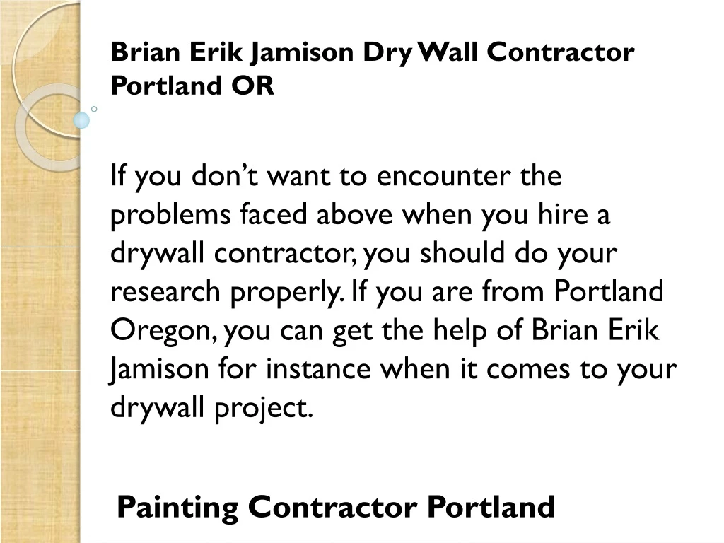 brian erik jamison dry wall contractor portland or
