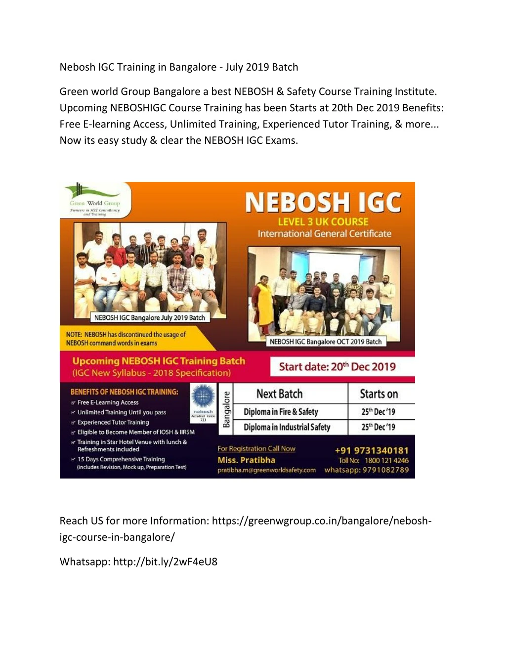 nebosh igc training in bangalore july 2019 batch