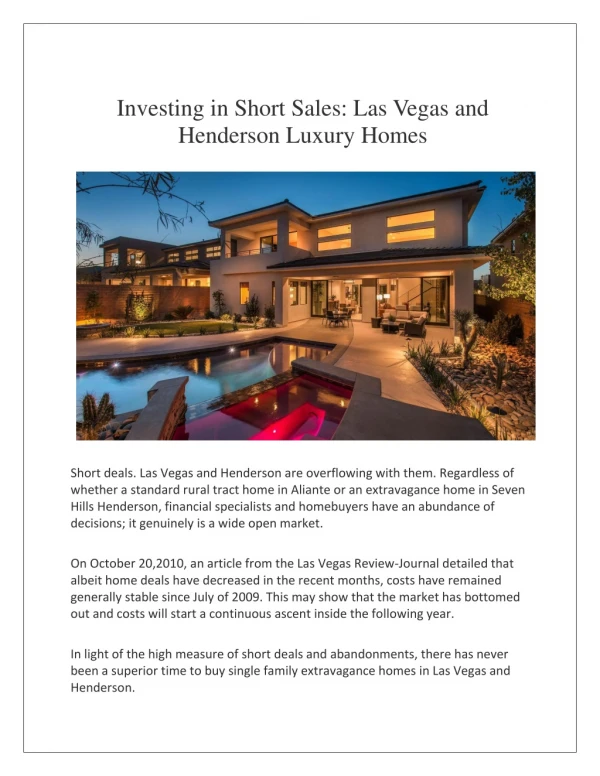 Investing in Short Sales: Las Vegas and Henderson Luxury Homes