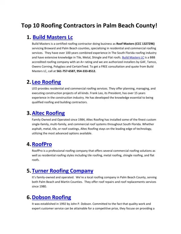 Top 10 Roofing Contractors in Palm Beach County!