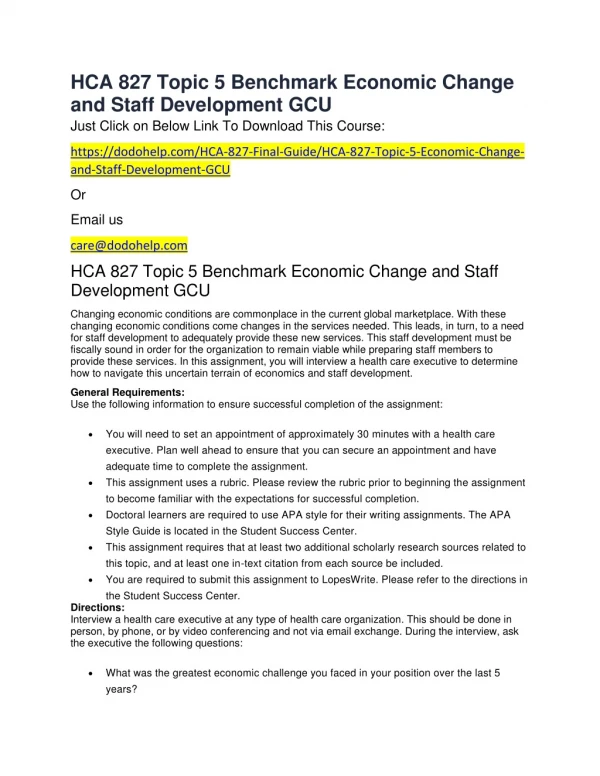 HCA 827 Topic 5 Benchmark Economic Change and Staff Development GCU