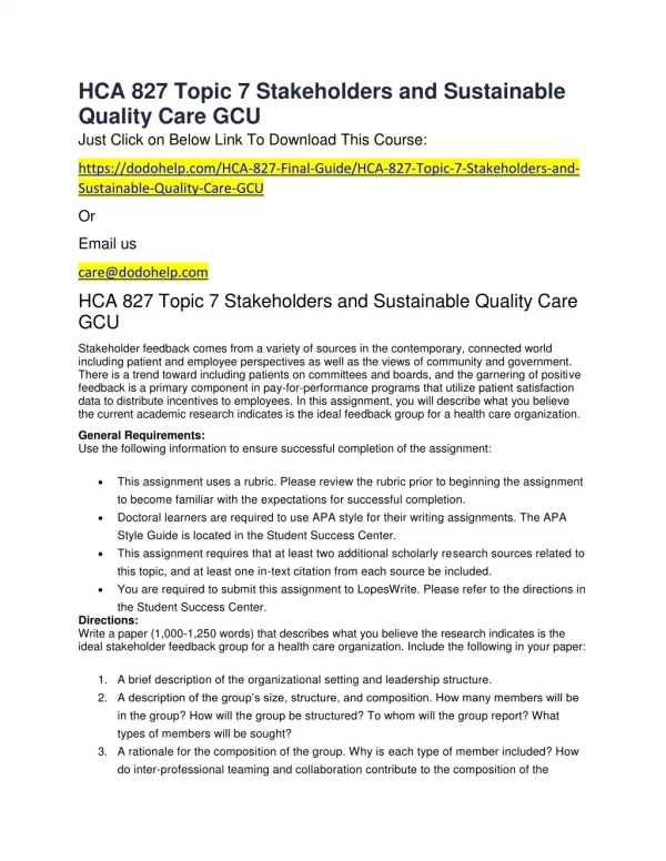HCA 827 Topic 7 Stakeholders and Sustainable Quality Care GCU