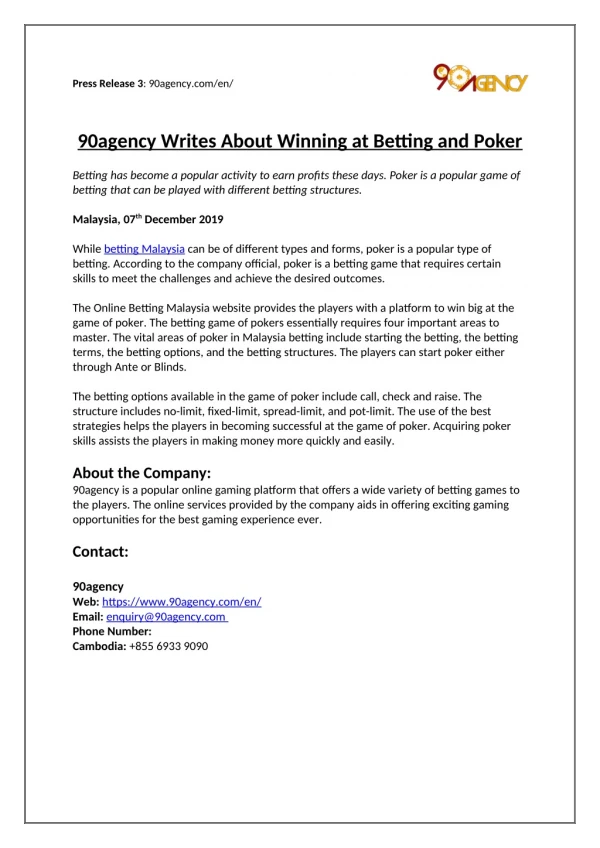 90agency writes about winning at Betting and Poker