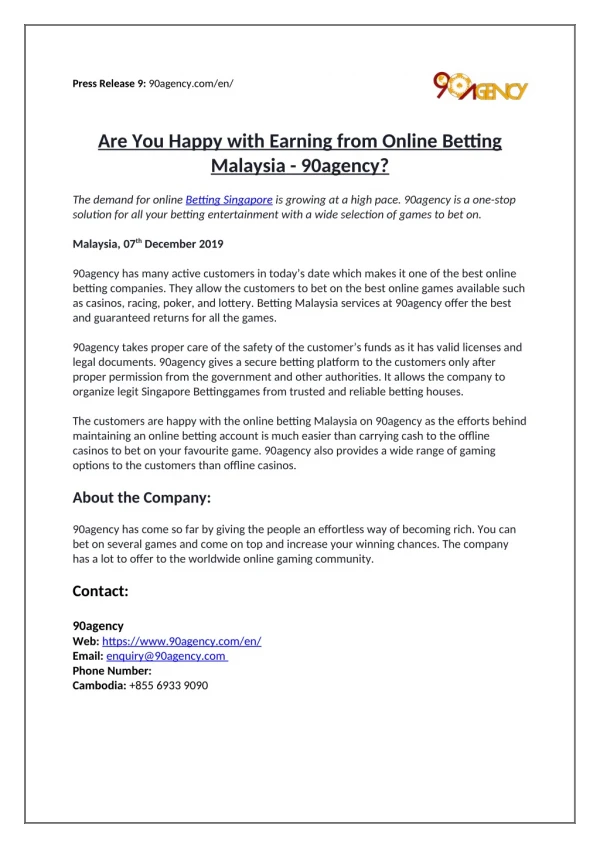 Are You Happy with Earning from Online Betting Malaysia - 90agency!