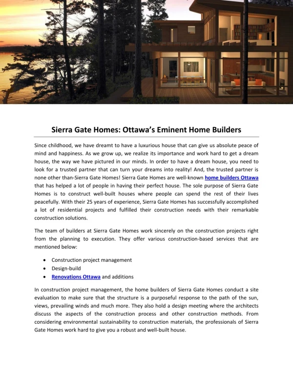 Sierra Gate Homes: Ottawa’s Eminent Home Builders