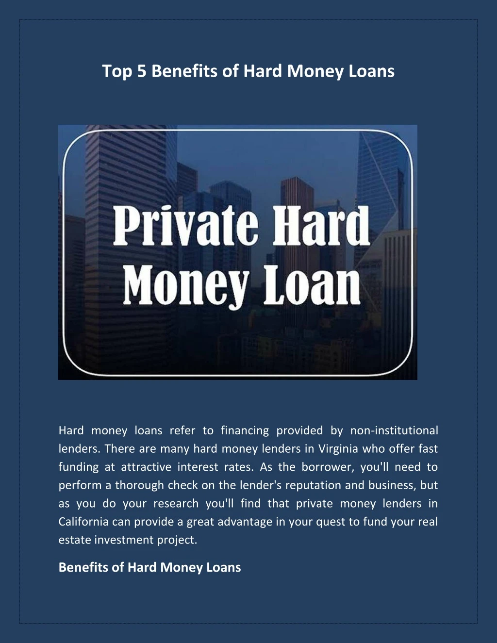 top 5 benefits of hard money loans