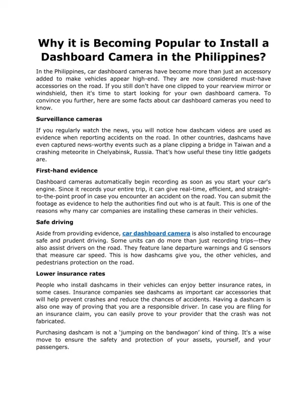 Why it is Becoming Popular to Install a Dashboard Camera in the Philippines?