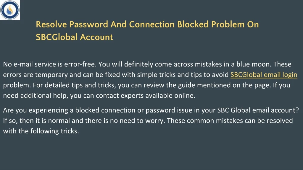 resolve password and connection blocked problem on sbcglobal account
