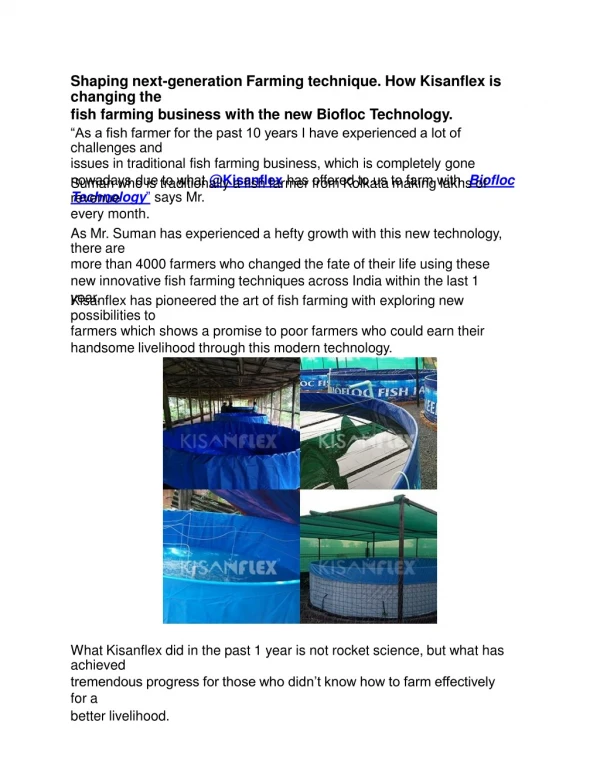 Shaping next-generation Farming technique. How Kisanflex is changing the fish farming business with the new Biofloc Tech