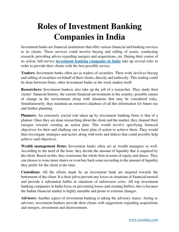 Roles of Investment Banking Companies in India