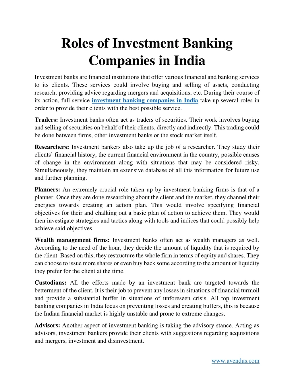 roles of investment banking companies in india