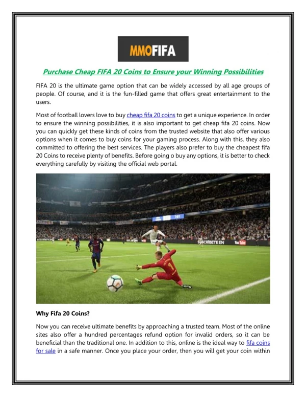 Purchase Cheap FIFA 20 Coins to Ensure your Winning Possibilities