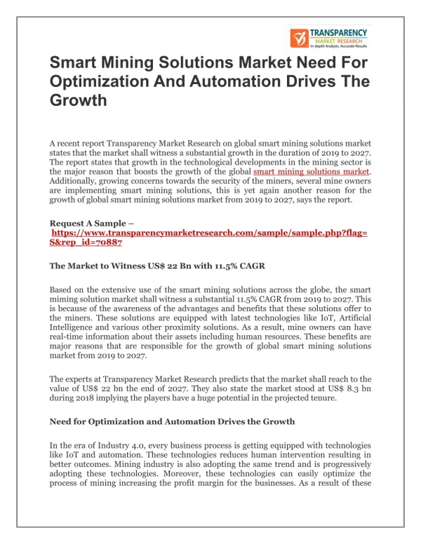 smart mining solutions market Need for Optimization and Automation Drives the Growth