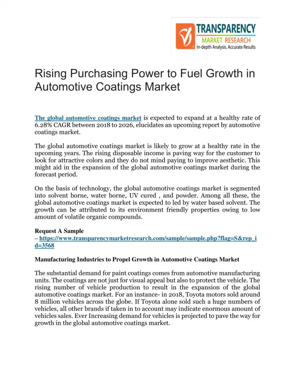 Rising Purchasing Power to Fuel Growth in Automotive Coatings Market