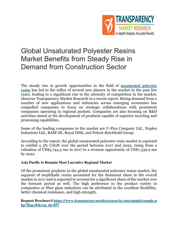 Global Unsaturated Polyester Resins Market Benefits from Steady Rise in Demand from Construction Sector