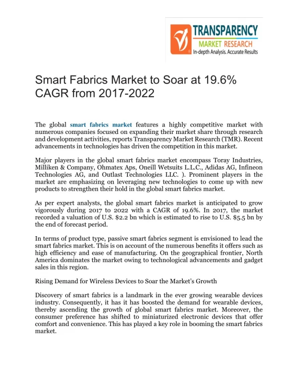 Smart Fabrics Market to Soar at 19.6% CAGR from 2017-2022